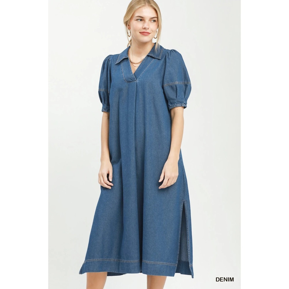 Umgee Chambray Collared Puff Sleeve Dress - Denim - Small